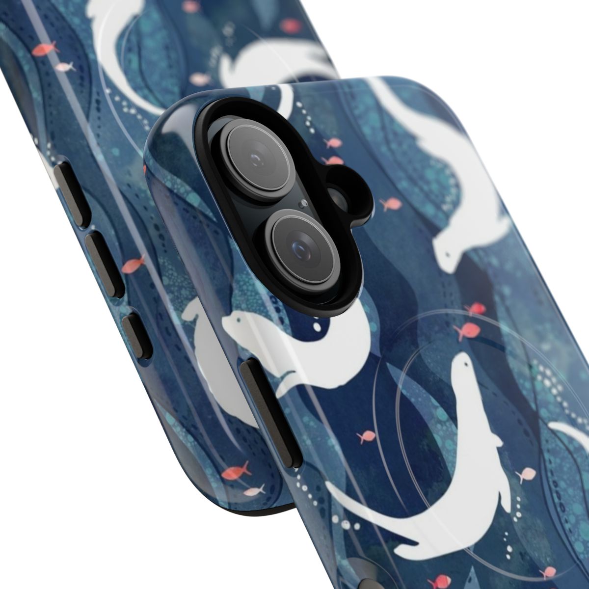 Magnetic tough phone case with a repeat pattern design of swimming otters on a navy blue background - Detail