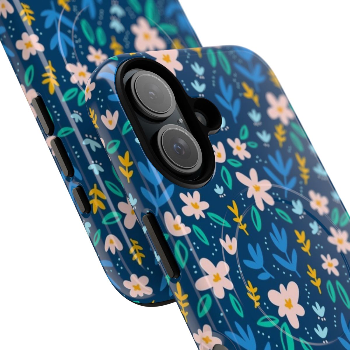 Colorful flowers on a deep blue background phone case with a magnetic tough design. - Detail