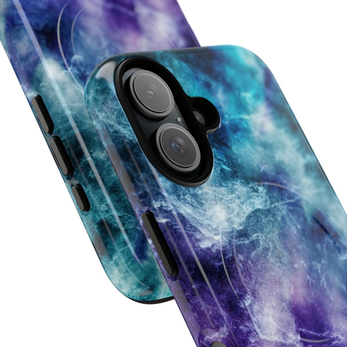 A phone case featuring a captivating galaxy nebula marble design in shades of purple and teal. - Detail