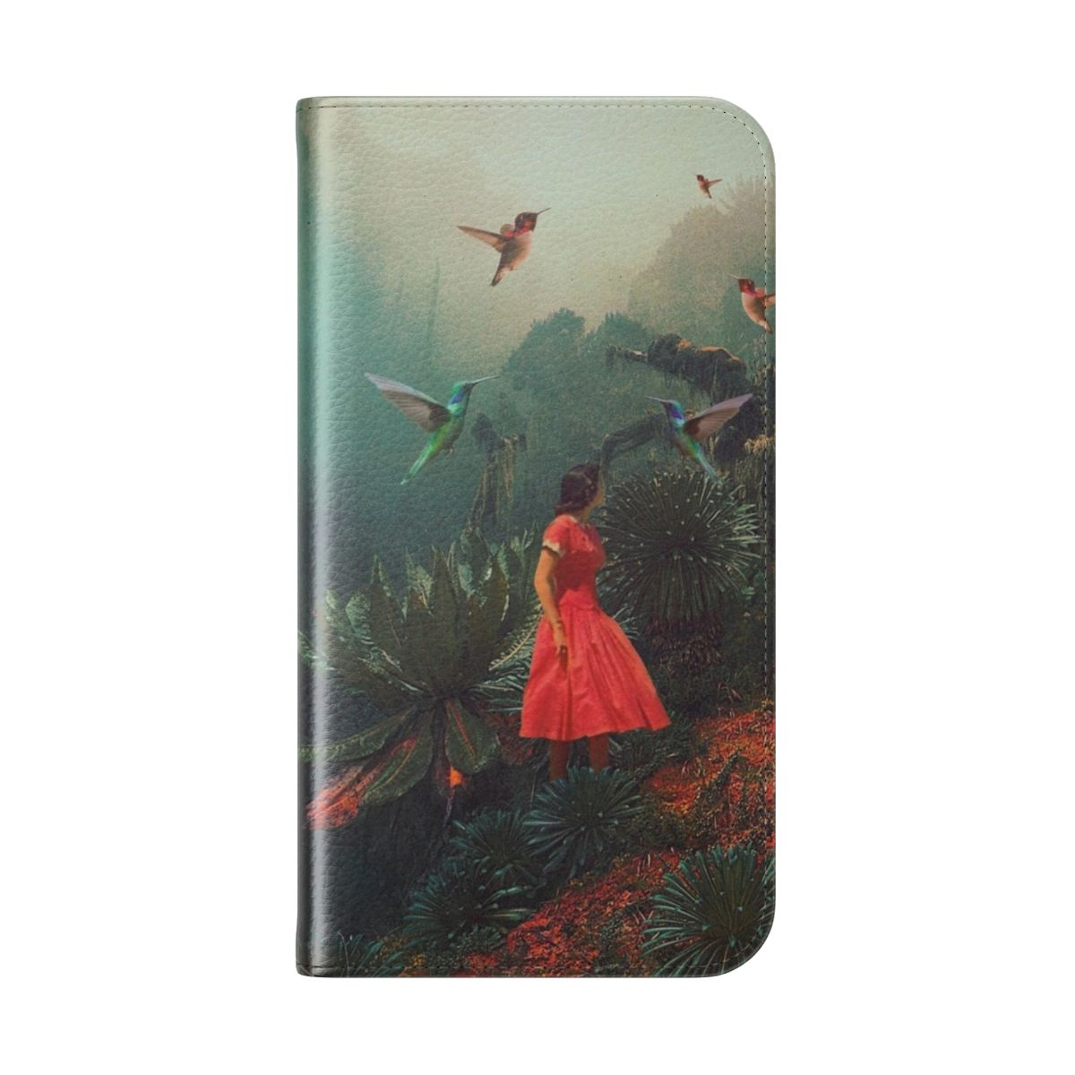 Botanical nature-inspired collage phone case with surreal forest, moody floral, and rainy elements. - Folded Back