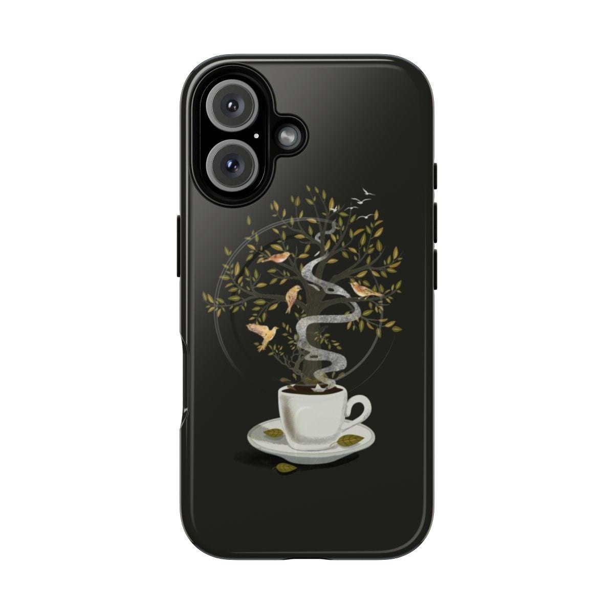 Surreal phone case with nature imagery of birds, trees, and a cup of coffee or tea