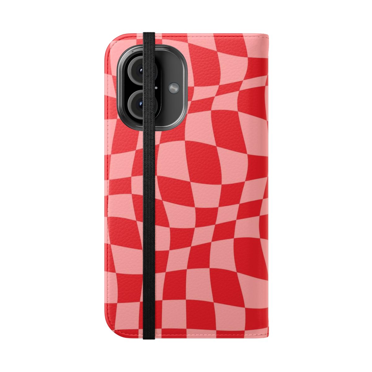 Handmade phone case with a wavy, minimalist checkered pattern in red and pink - Folded Front