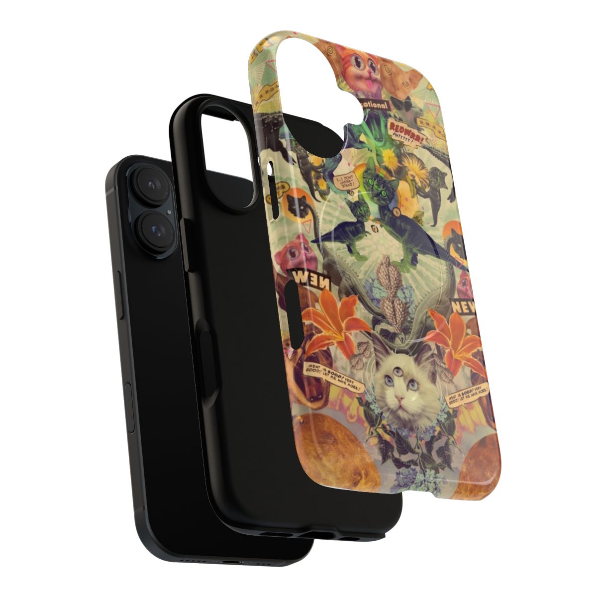 Colorful phone case featuring a collage design of cats and dinosaurs - Layers