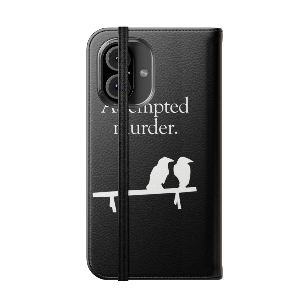 White flip phone case with a "Attempted Murder" design featuring crows - Folded Front