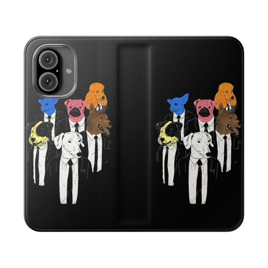 A stylish phone case featuring a colorful, humorous Reservoir Dogs-inspired dog art design.