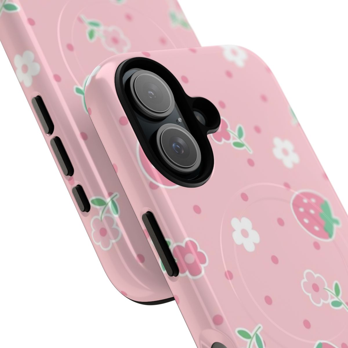 Vibrant pink and white strawberry pattern with pastel flowers and dots on a protective phone case - Detail