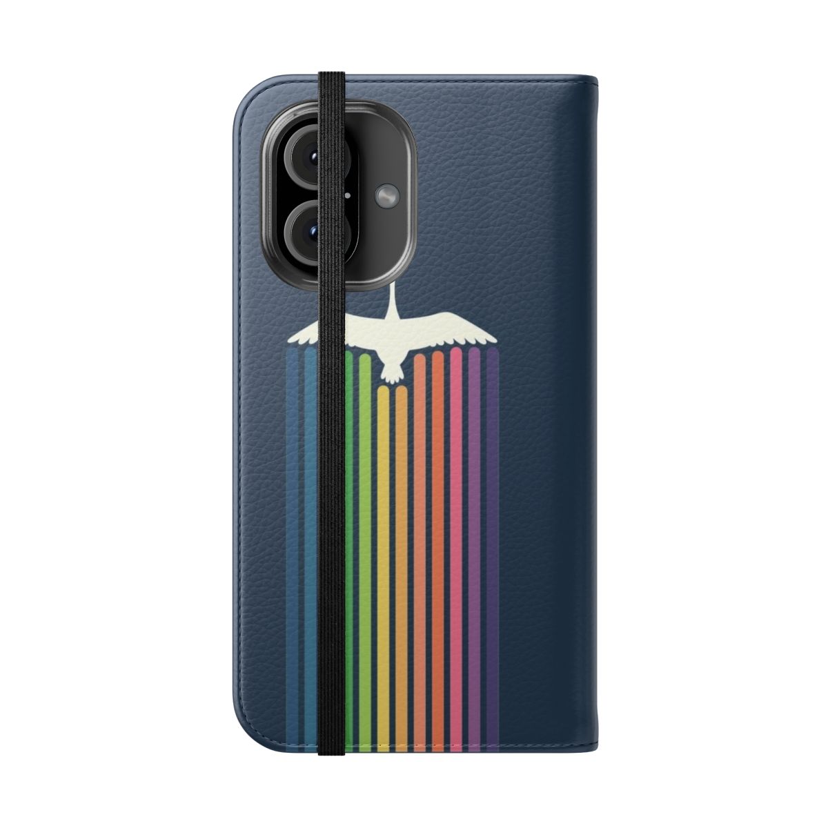 Flip cover phone case with a colorful design of birds flying in a sky with clouds and a rainbow. - Folded Front