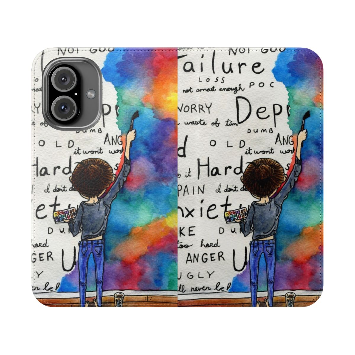 Watercolor painting design featuring the phrase "Always Fighting" on a flip cover phone case