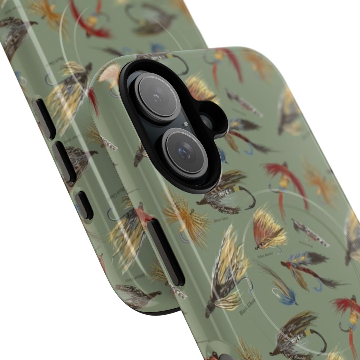 Fly fishing enthusiasts holding a magnetic tough phone case with hand-tied flies - Detail