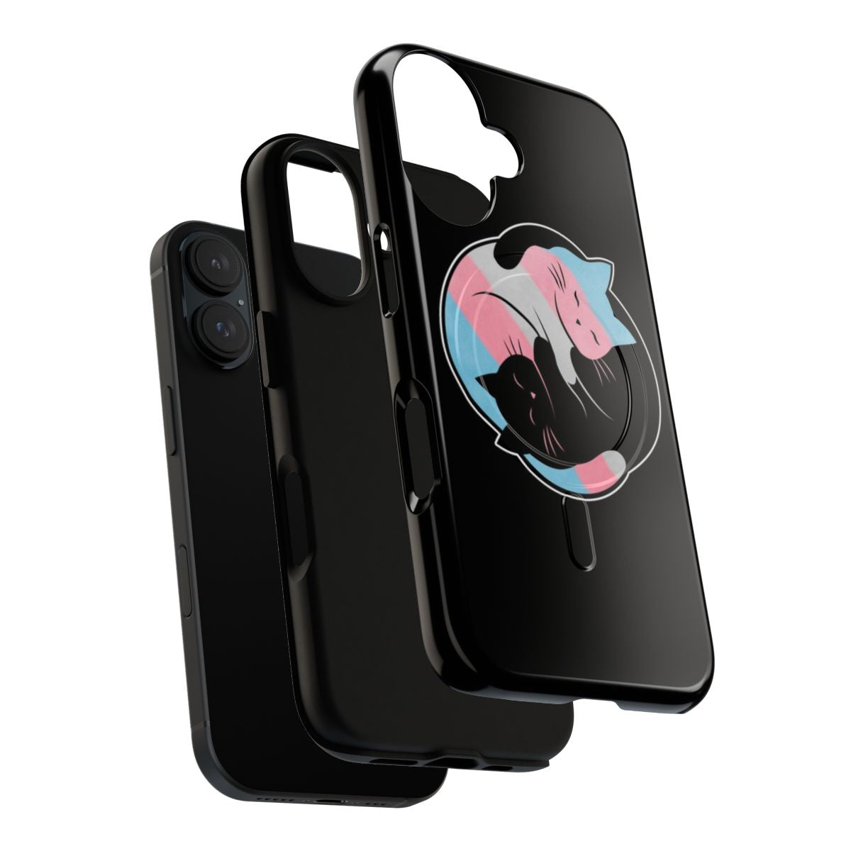 A magnetic protective phone case featuring a yin yang cat design in transgender pride colors. - Layers