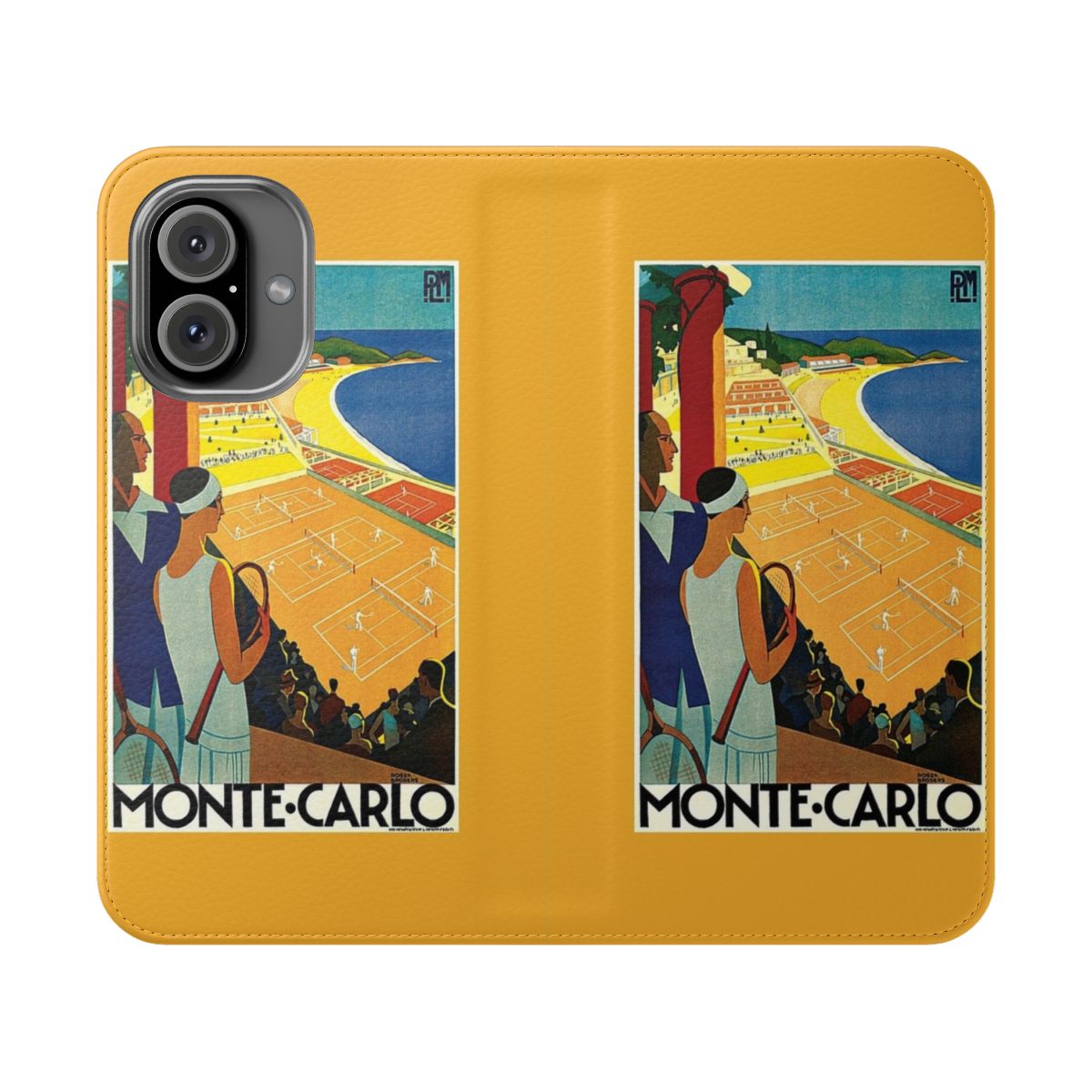 Vintage phone case with 1920s tennis advertisement from Monte Carlo, Monaco