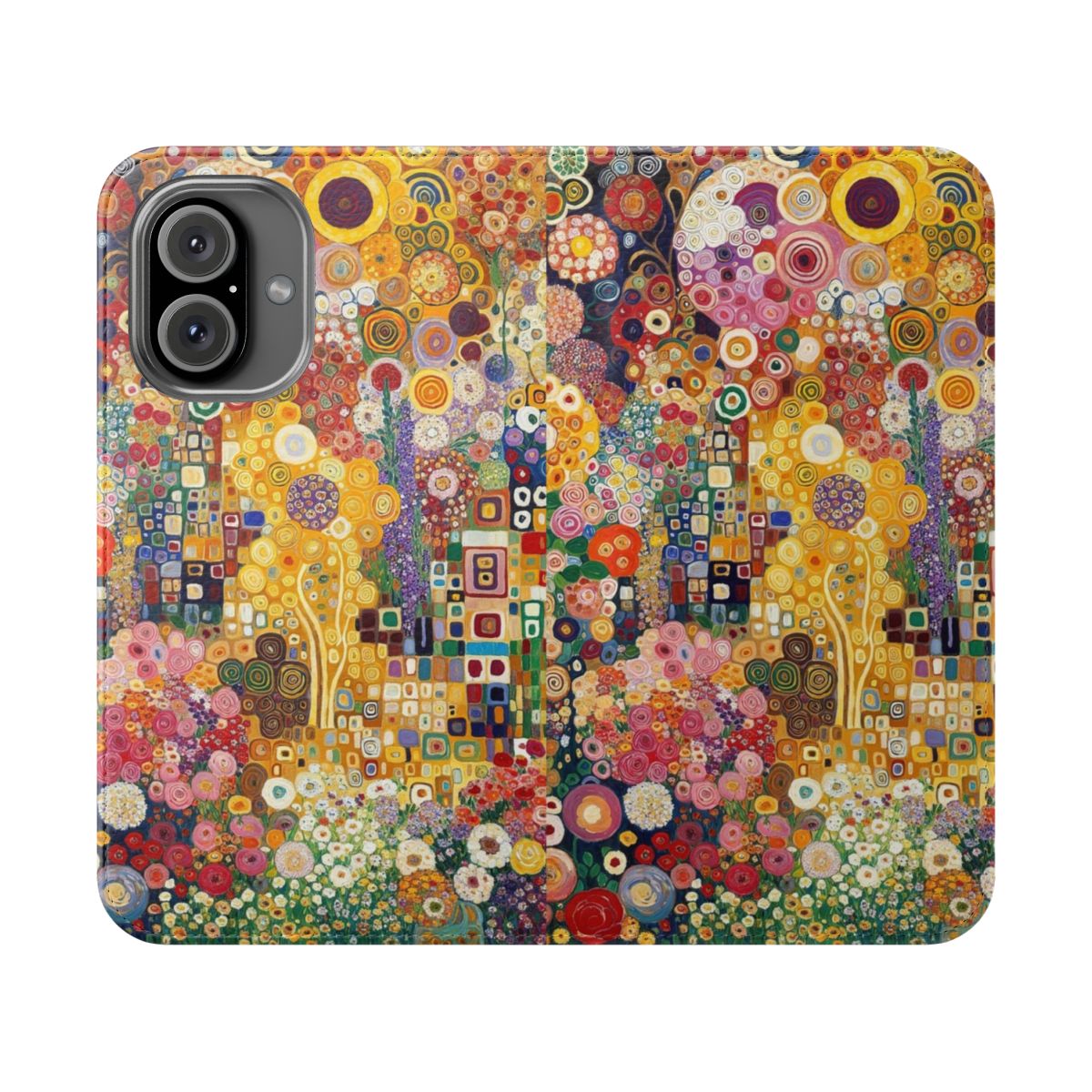 A flip cover phone case featuring a vintage floral design inspired by the art of Gustav Klimt.