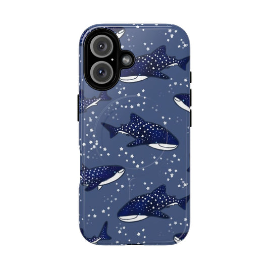 Glowing whale shark phone case in dark blue cosmic design