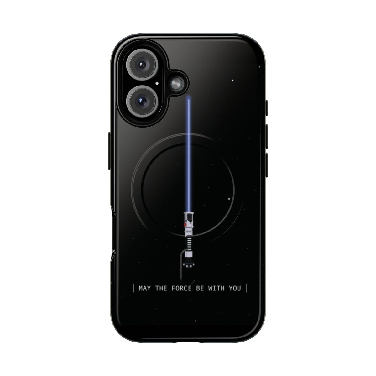 A magnetic protective phone case featuring a Star Wars-inspired design with a lightsaber and the text "May the Force Be With You".