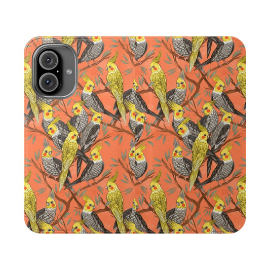 Colorful phone case featuring a cockatiel, a native Australian bird, surrounded by a lively flock of parrots against a nature-inspired background.