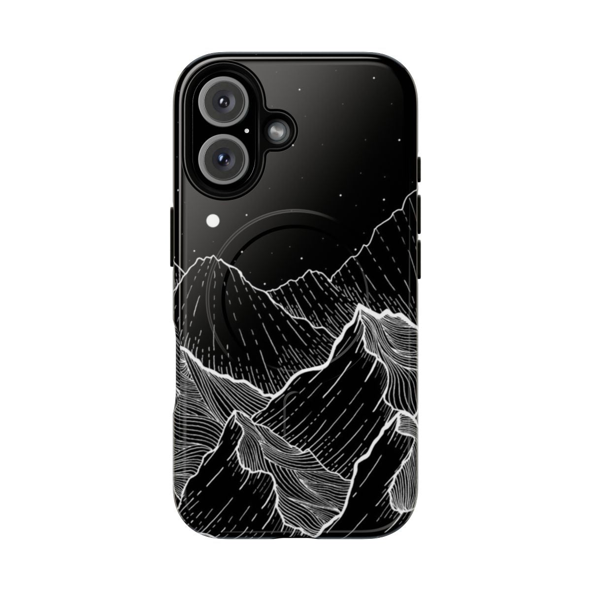 Sleek black and white phone case featuring a mountain landscape design