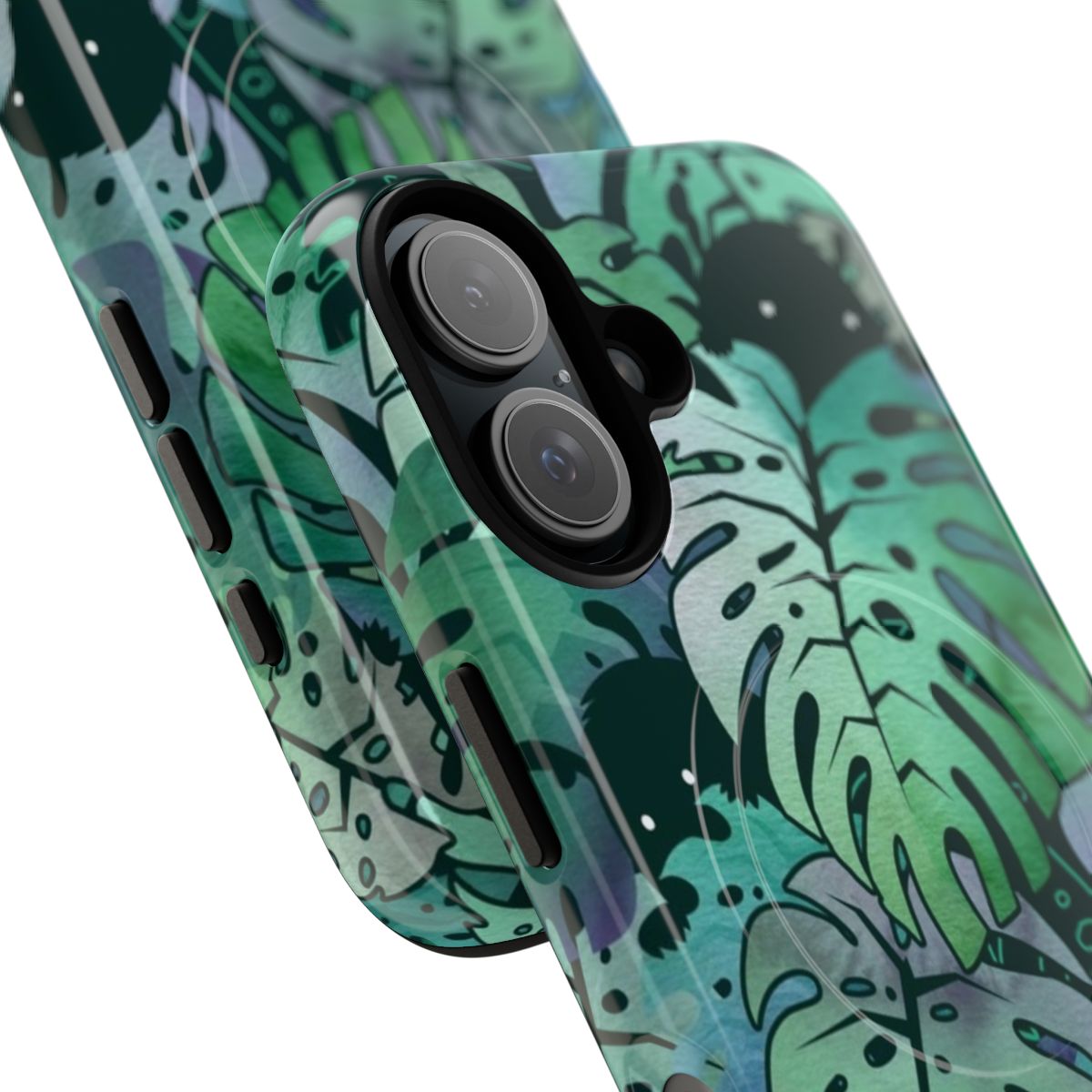 Colorful tropical monstera leaves phone case with fantasy monster design - Detail