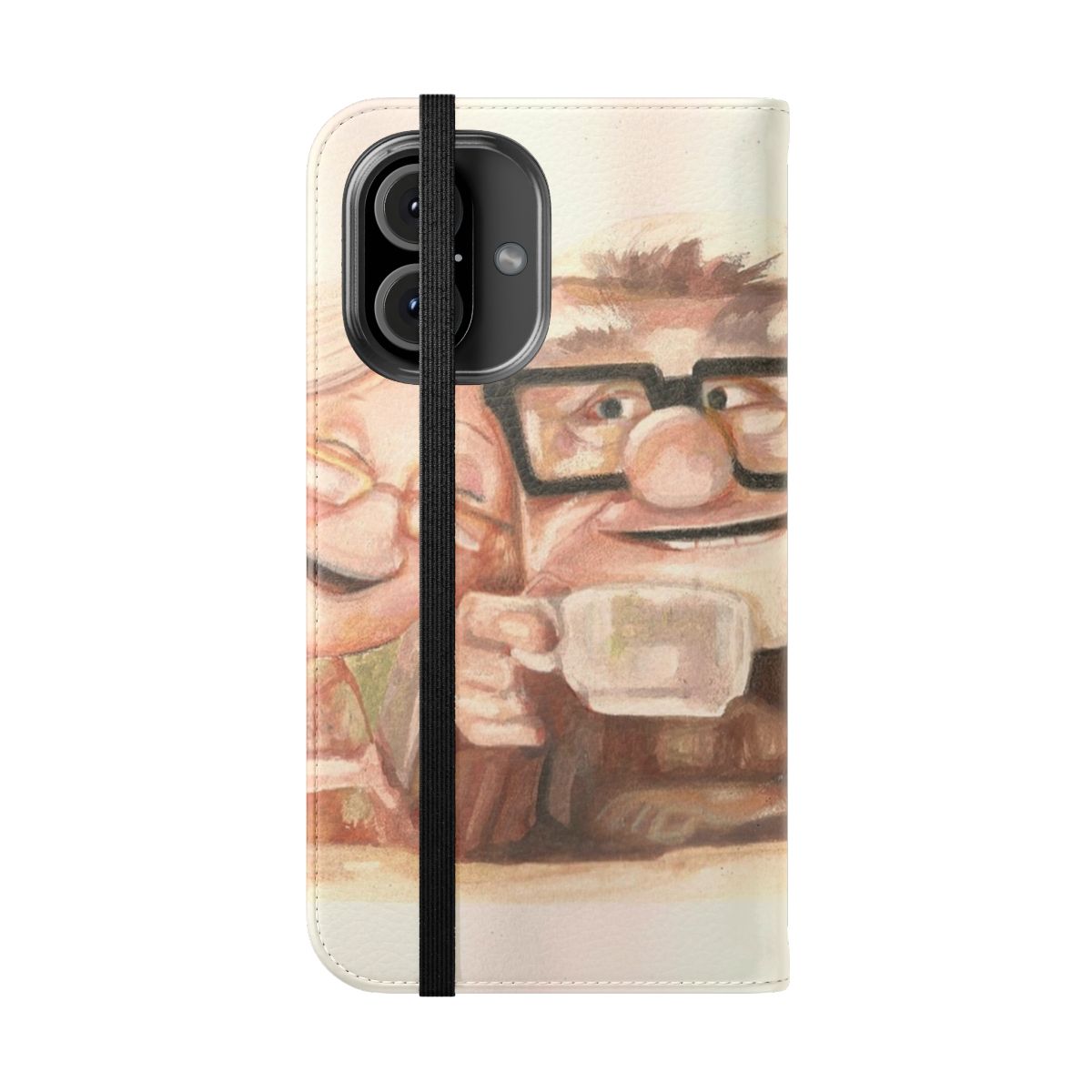 Colorful flip cover phone case featuring characters Carl and Ellie from the Disney Pixar animated movie Up. - Folded Front