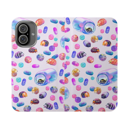 Pill bug themed phone case with a flip cover design