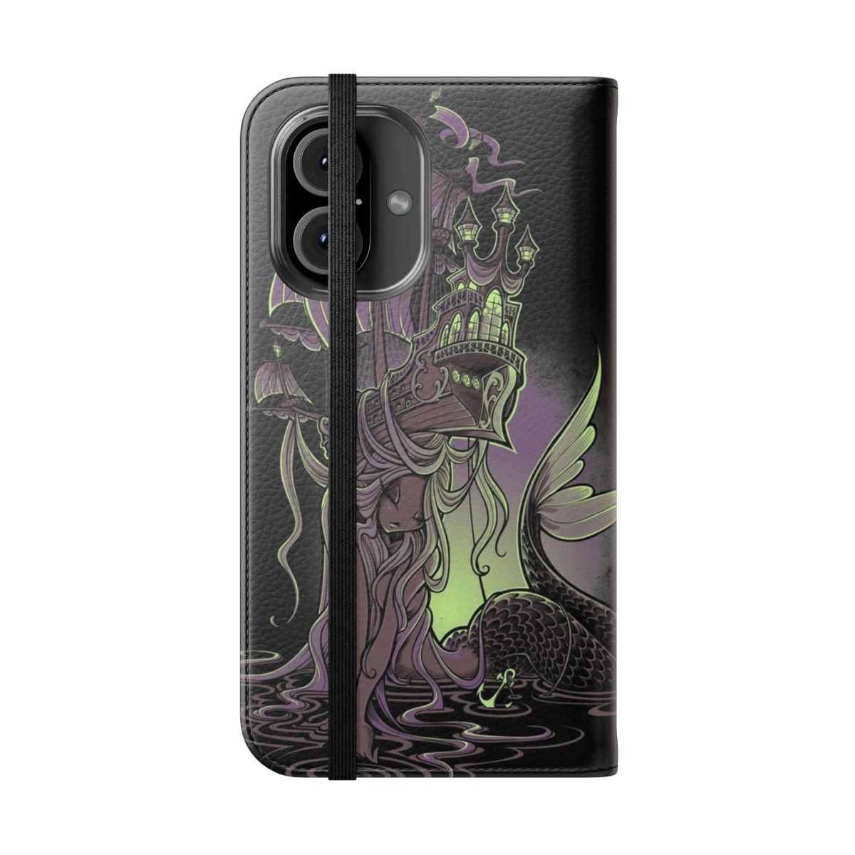 Colorful flip phone case featuring a mermaid and ship design against an ocean sunset background - Folded Front