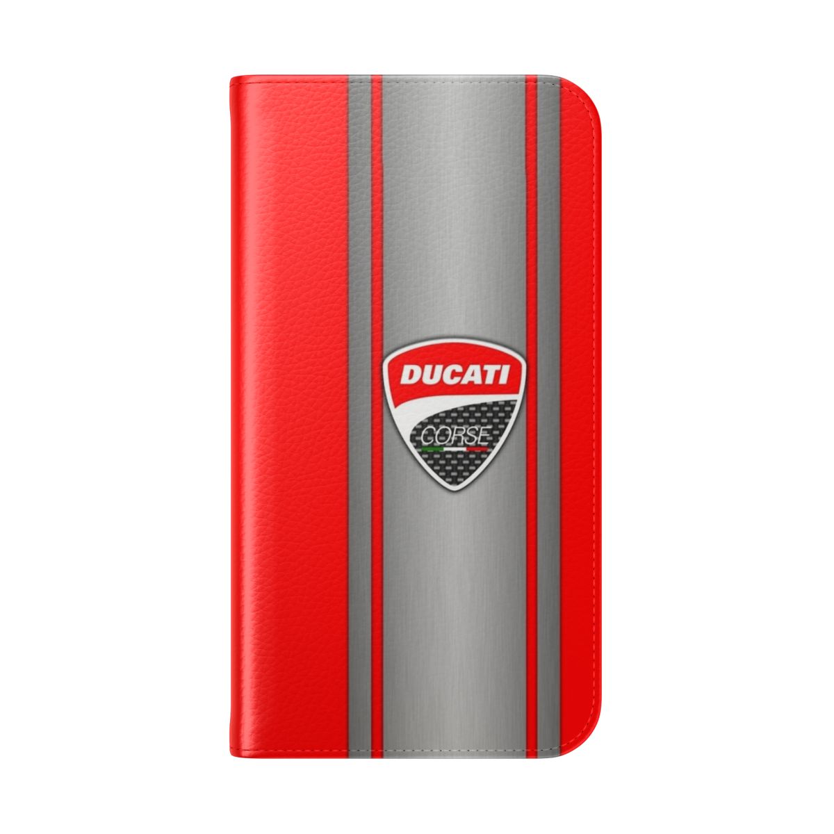 Motorcycle racing-inspired phone case featuring the Ducati logo and design elements - Folded Back