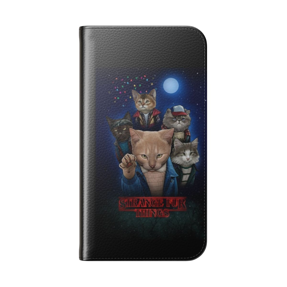 Flip cover phone case with a Stranger Things-inspired design featuring cats and kittens in an upside-down setting. - Folded Back