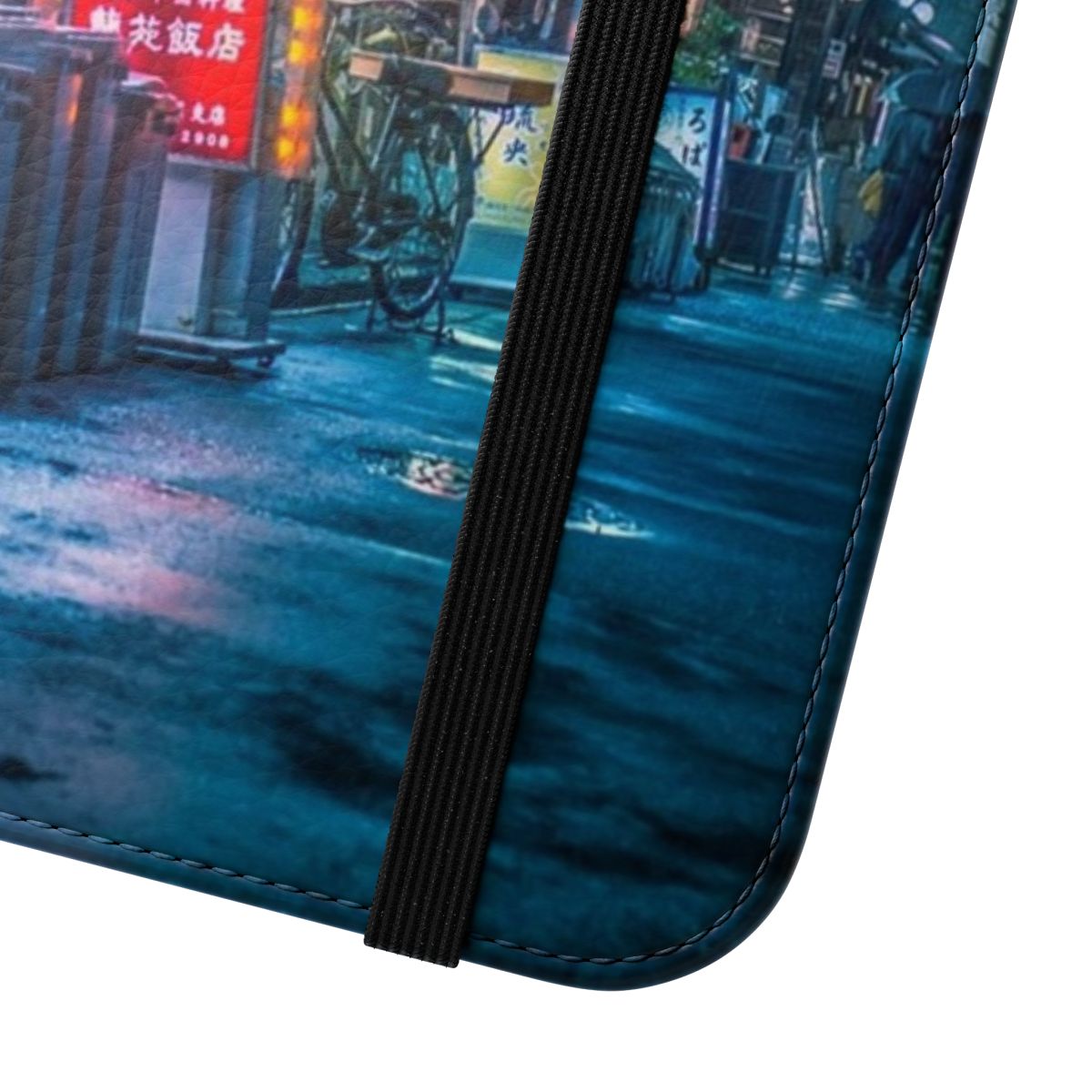 Flip phone case featuring a moody, rainy cityscape of Neo Tokyo with neon lights and a cyberpunk aesthetic. - Close Up