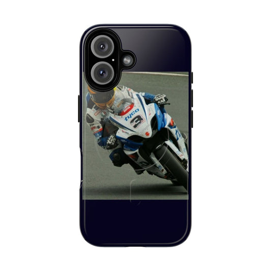 Magnetic tough phone case with a racing-inspired design and Guy Martin skull graphics