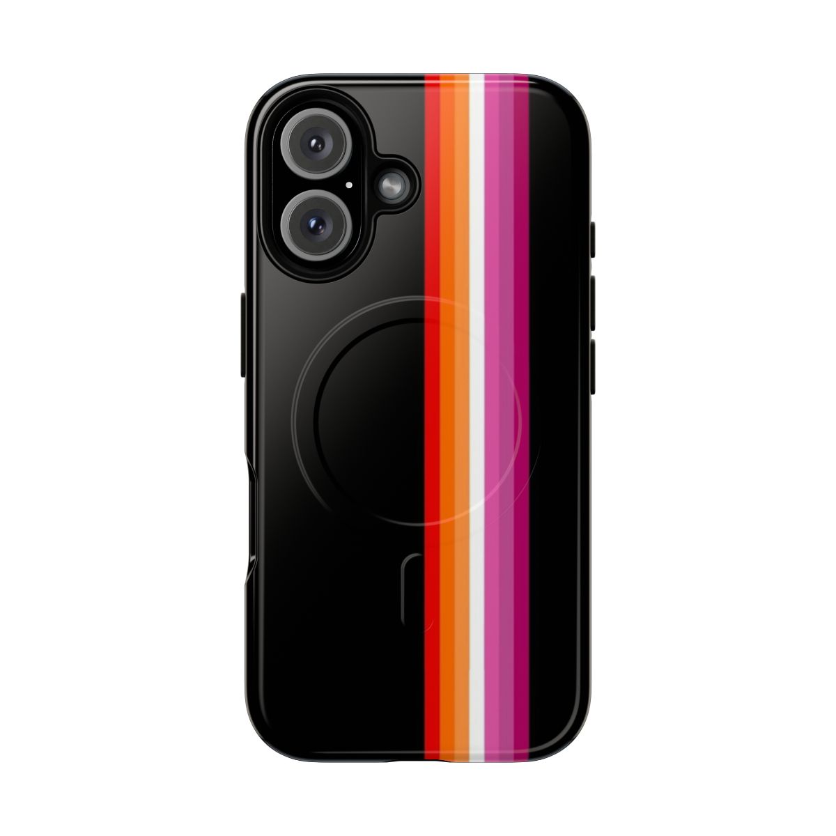 Sunset lesbian pride flag design with thin vertical stripes on a tough, magnetic phone case