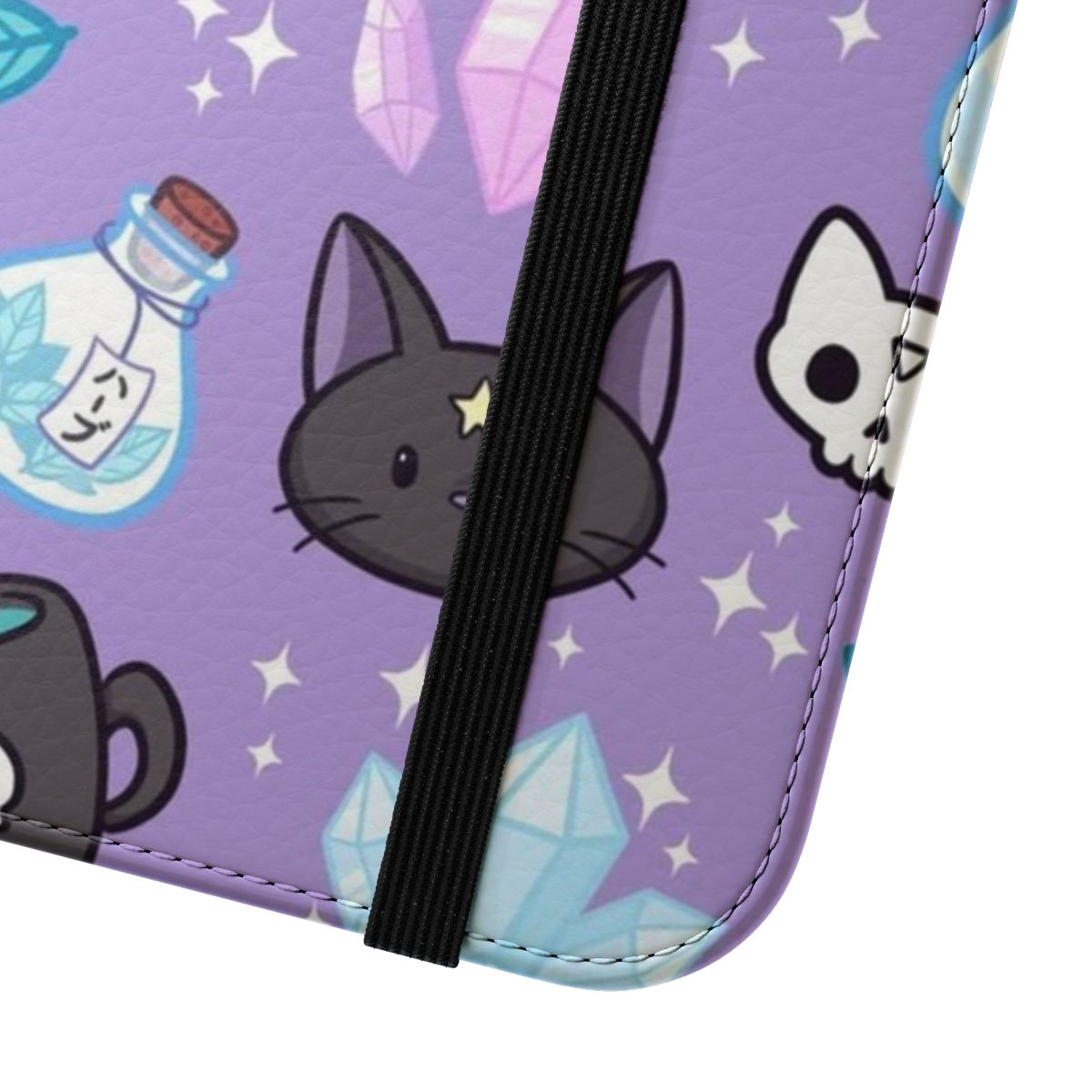 Pastel purple flip cover phone case with occult and wicca design elements like herbs, crystals, and a cat. - Close Up