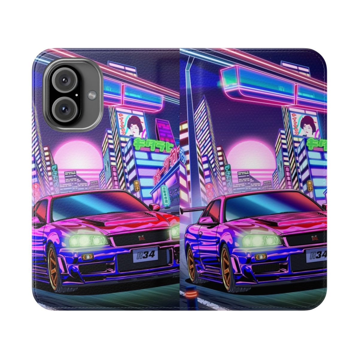 Vaporwave-inspired phone case featuring a Nissan Skyline GT-R R34 in a neon, cyberpunk-style design.