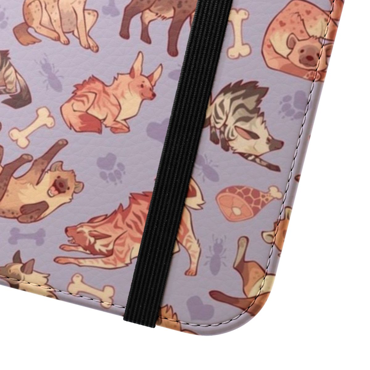 Lavender-colored flip cover phone case featuring a playful hyena design - Close Up