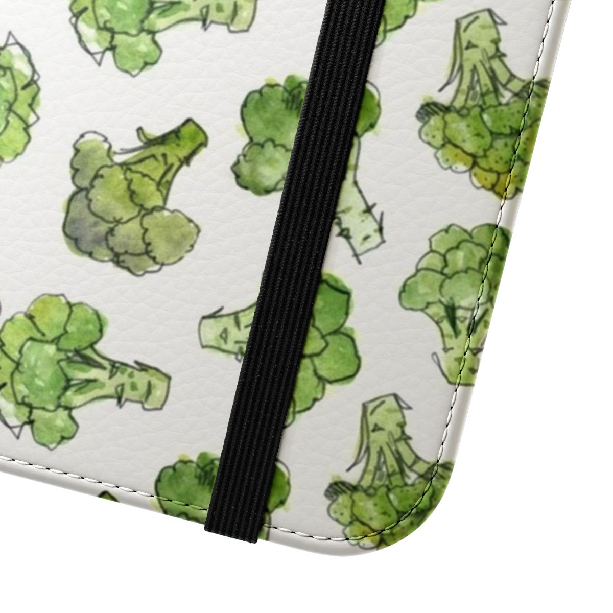 Stylish phone case featuring a vibrant watercolor illustration of broccoli florettes and a floral pattern. - Close Up