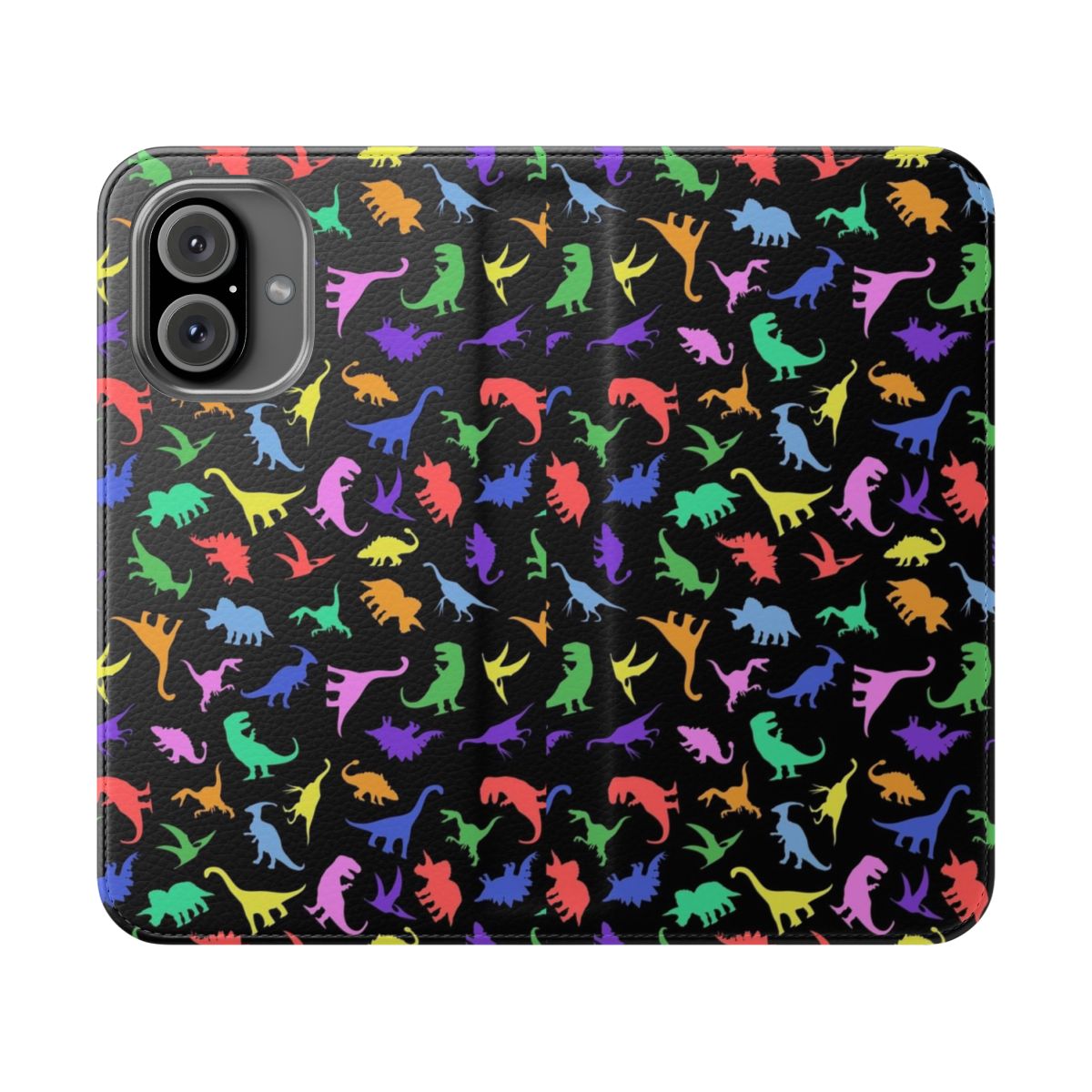 A stylish flip phone case featuring a fun dinosaur pattern on a black background.