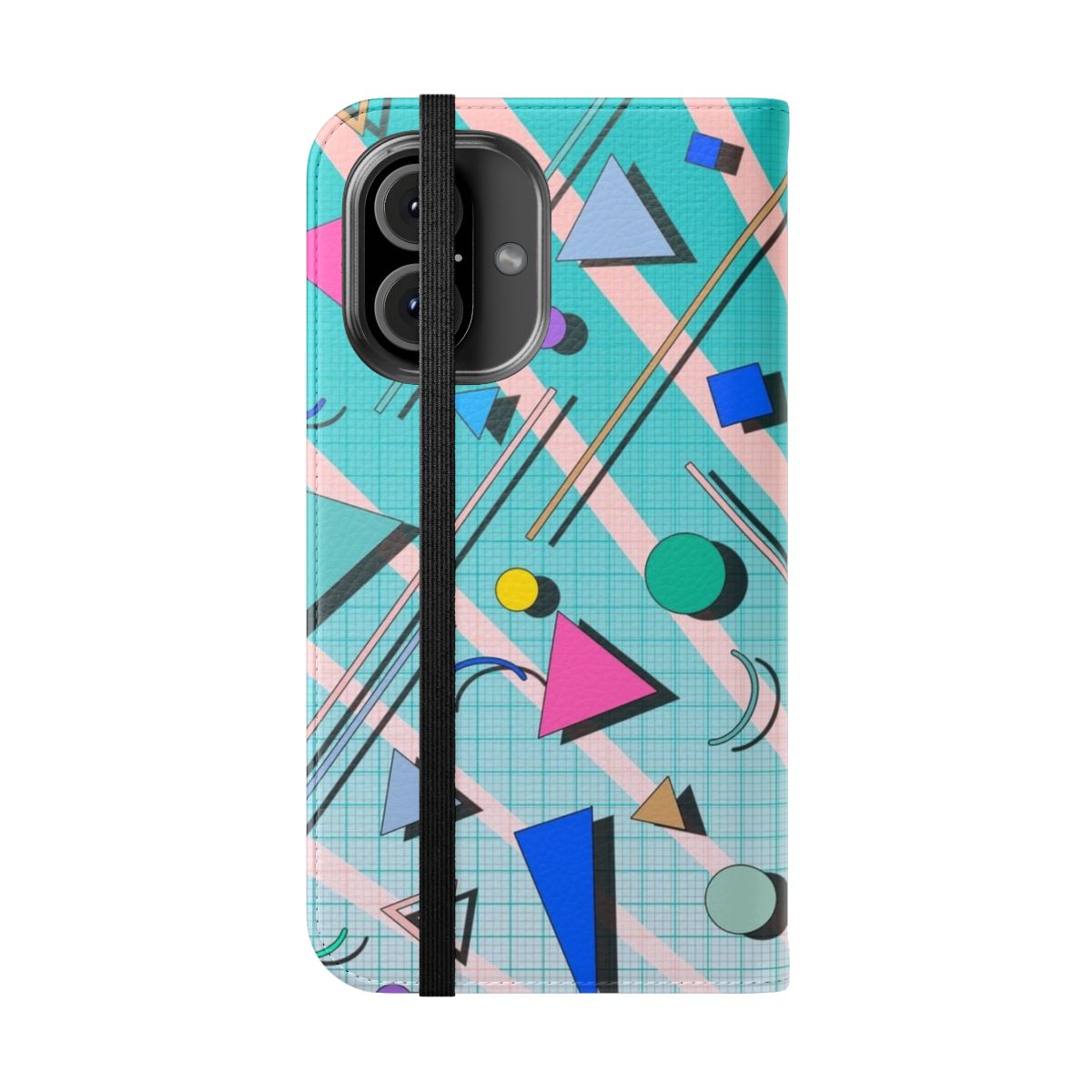 Vibrant retro 80s inspired phone case with abstract memphis-style pattern and neon colors - Folded Front