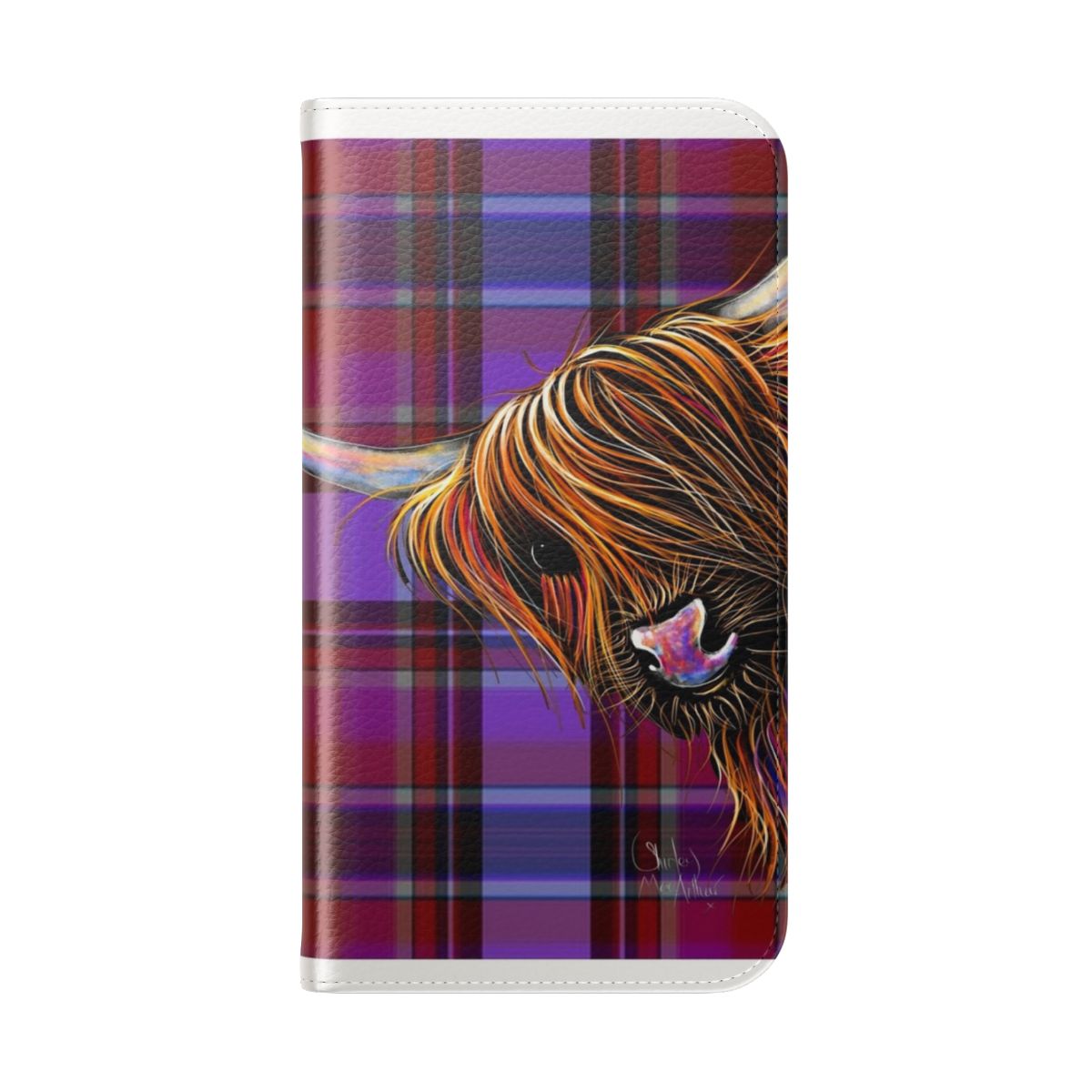 A colorful phone case featuring a friendly highland cow in a traditional tartan pattern - Folded Back