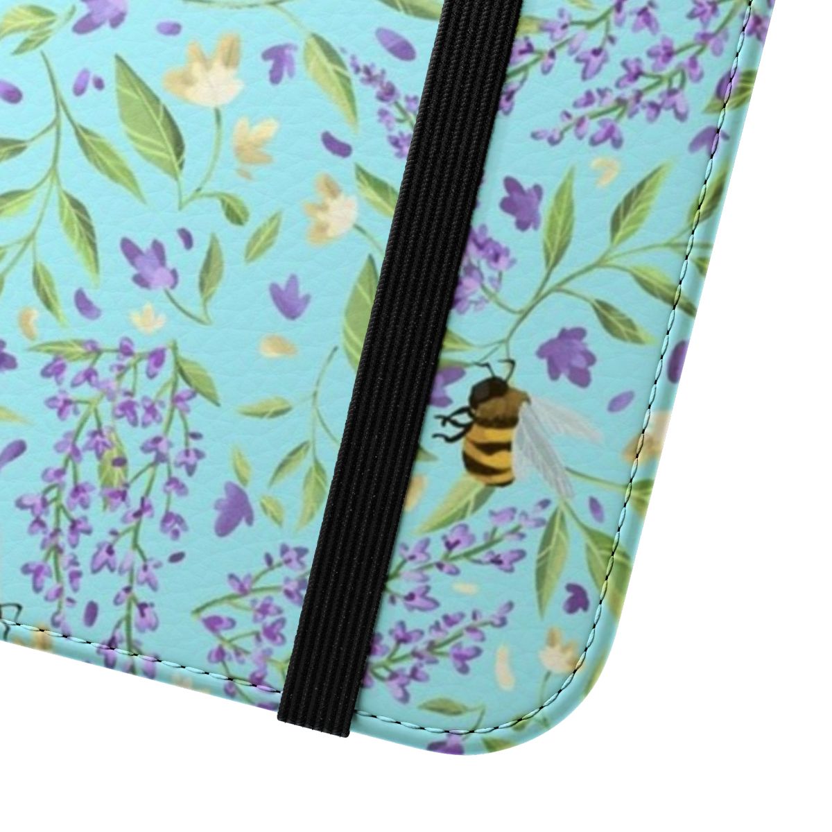 Bees and wisteria floral pattern on a mobile phone flip cover case - Close Up