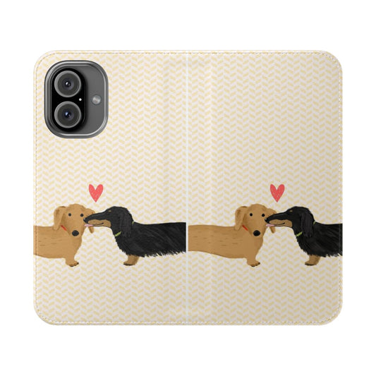 Flip cover phone case featuring a dachshund dog with a heart-shaped design