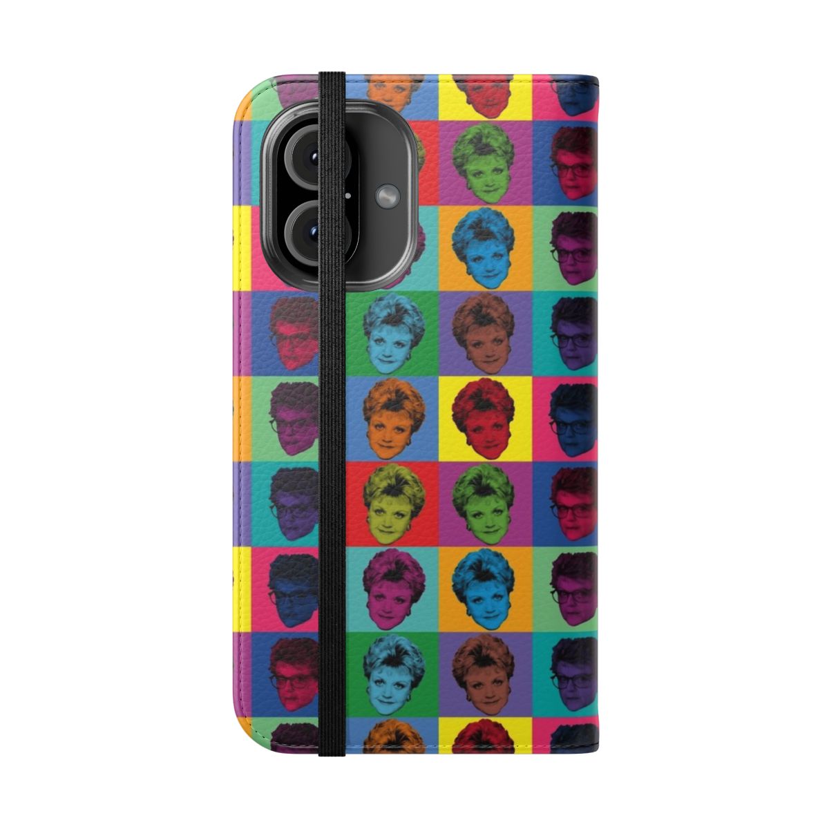 Flip phone case featuring a vintage-style illustration of Jessica Fletcher, the lead character from the 1980s TV series "Murder, She Wrote". - Folded Front