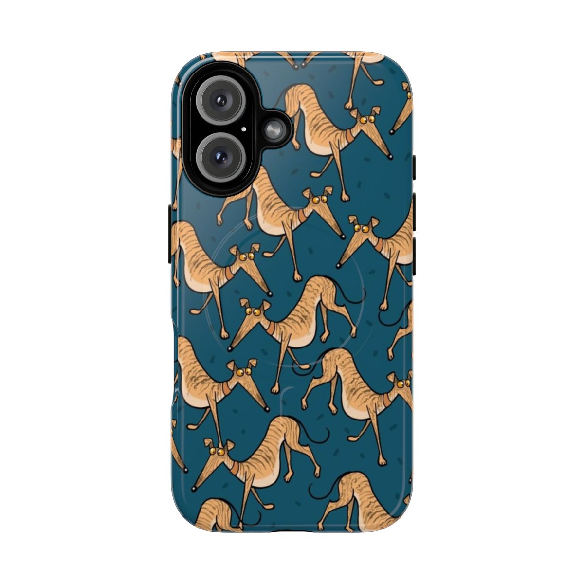 Brindle dog cartoon phone case design featuring greyhound, whippet, and lurcher hounds