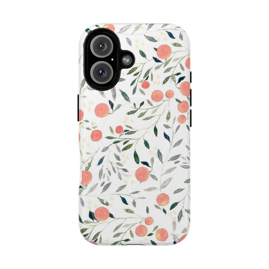 Peach and floral botanical design phone case with magnetic closure