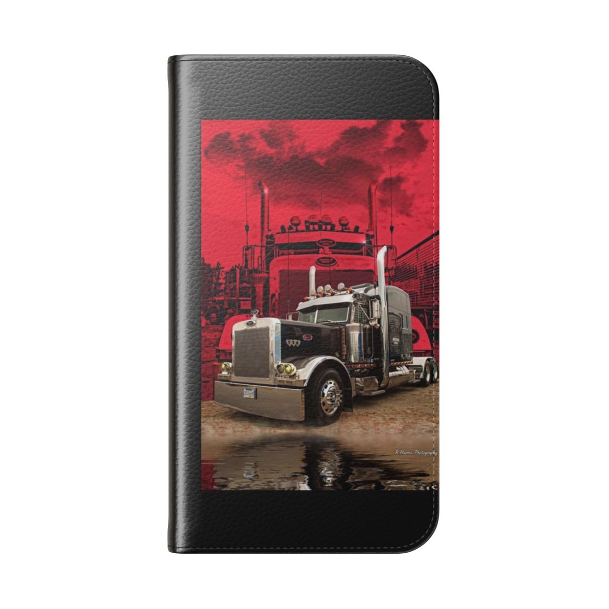 Peterbilt truck flip cover phone case with red truck background - Folded Back