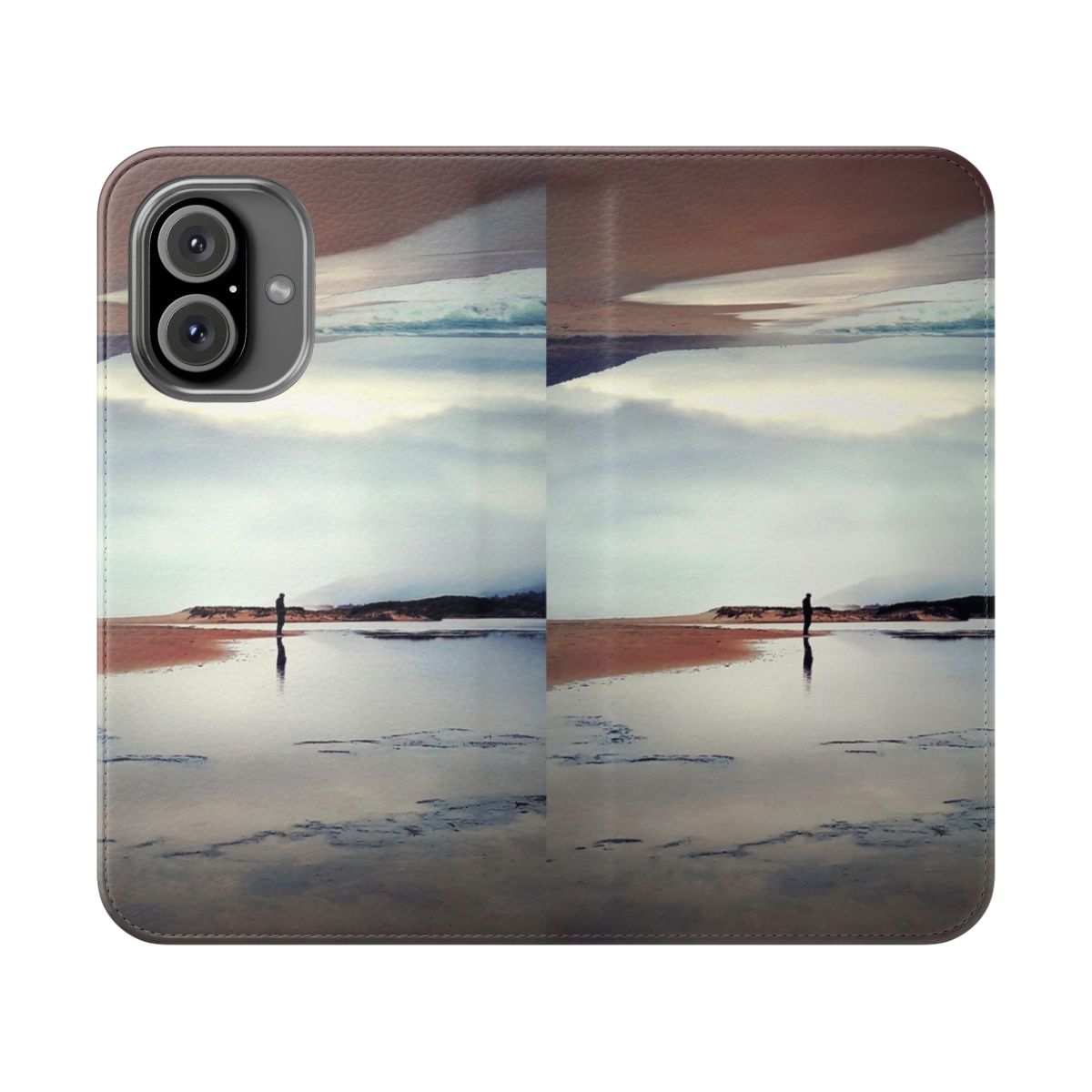 Artistic flip cover phone case with a ghost and landscape design