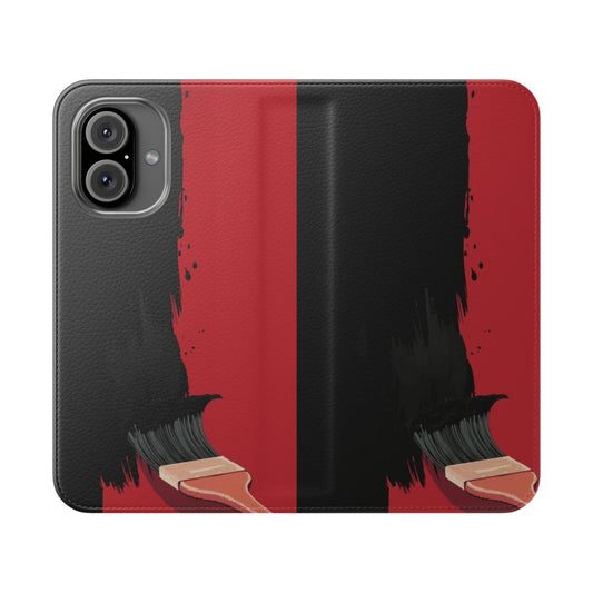 Close-up of a black flip phone case with a hand-painted red and black design, resembling the classic Rolling Stones album cover.