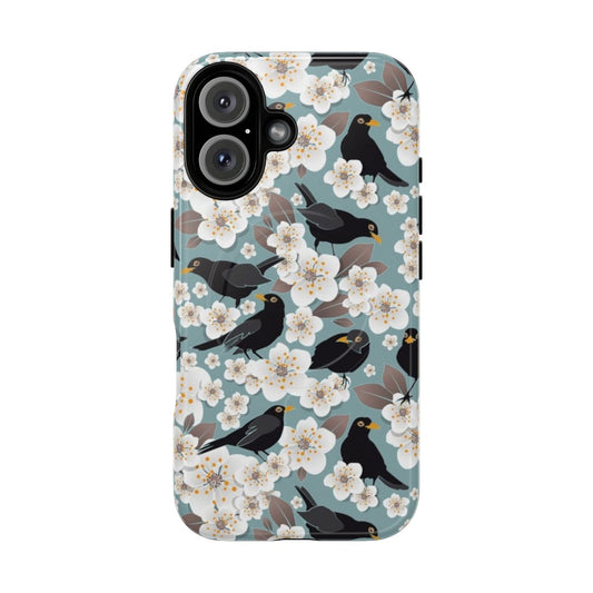 A phone case featuring a colorful illustration of a blooming cherry tree with birds flying around it.