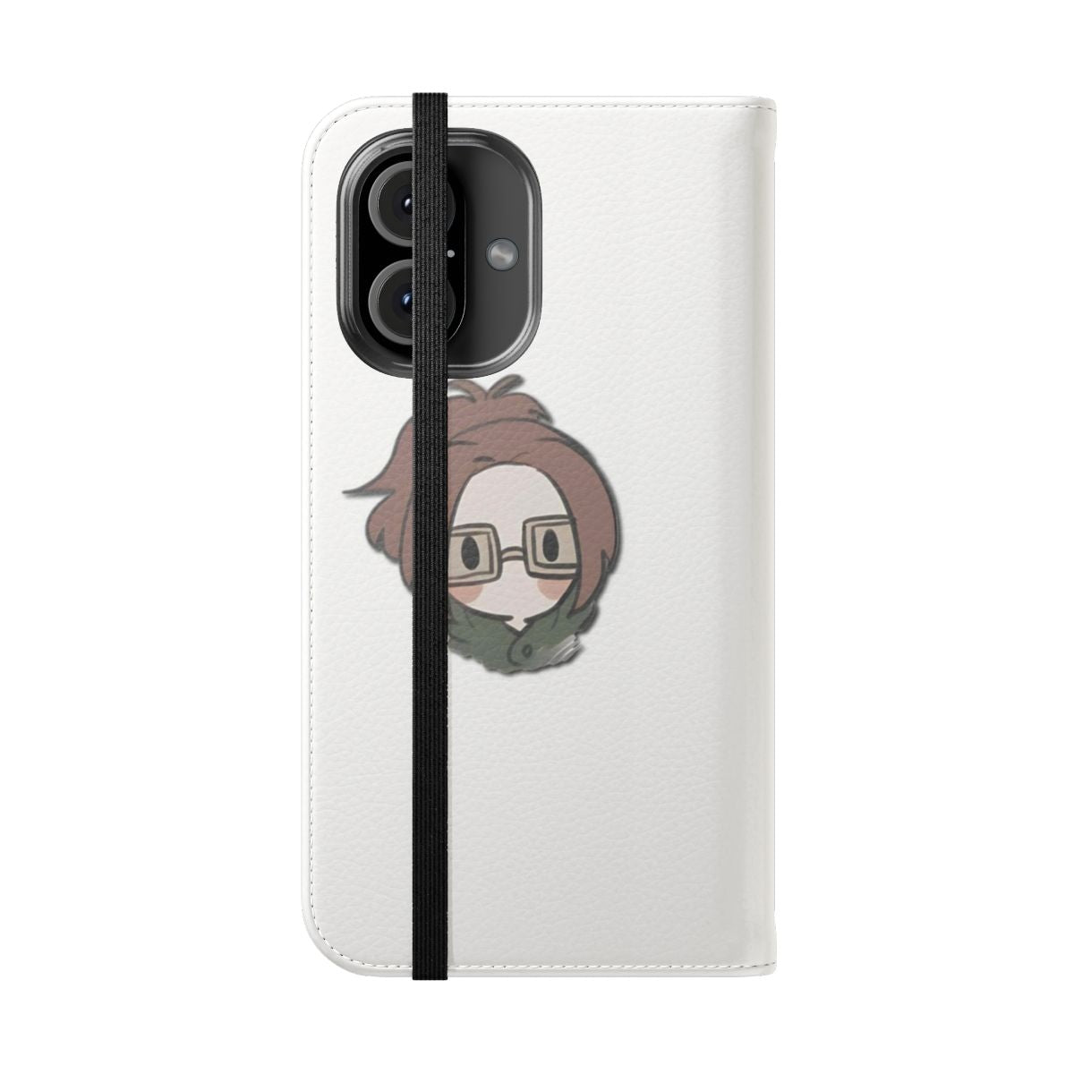 Cute anime-themed flip cover phone case featuring a chibi-style character design - Folded Front