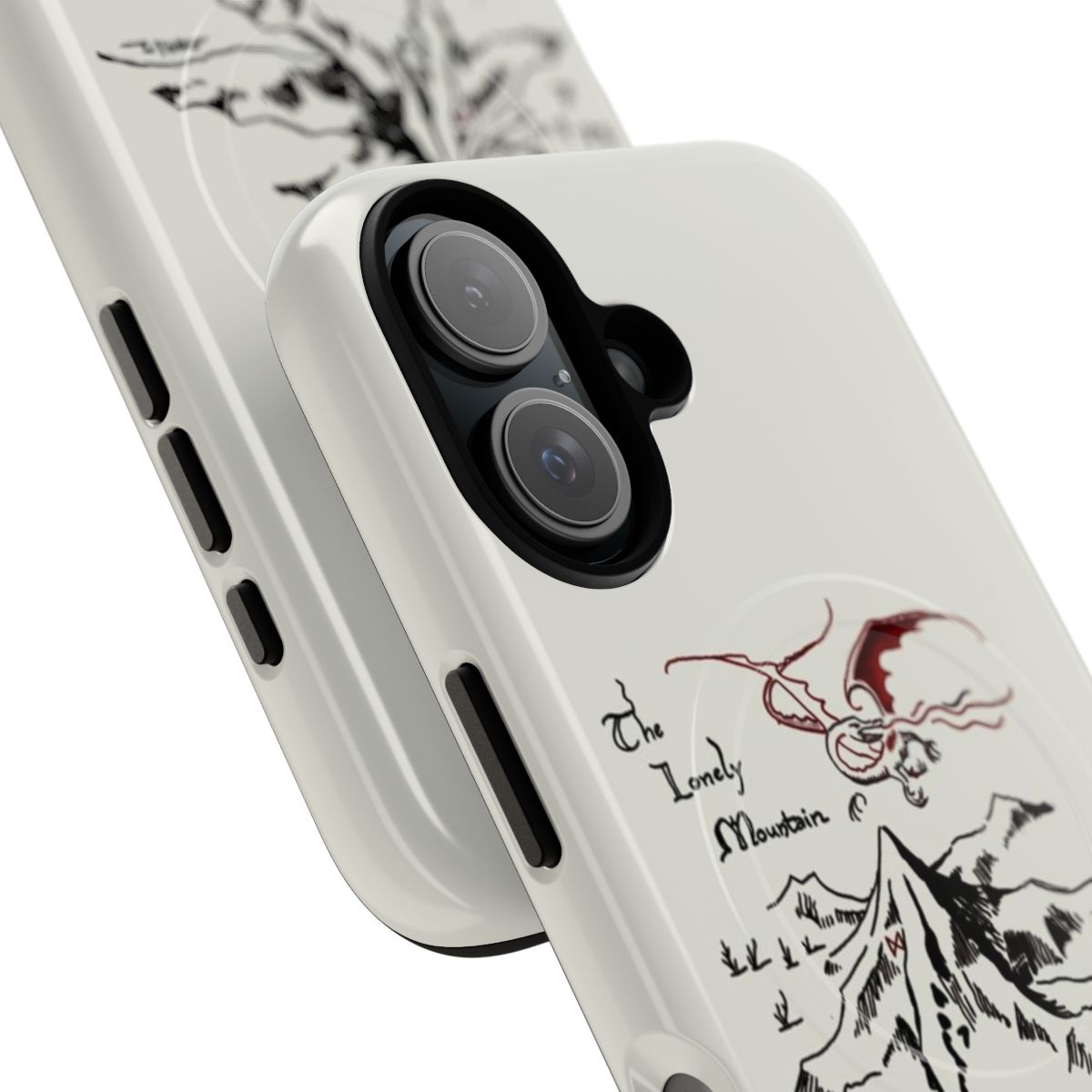 A tough phone case featuring a fantasy landscape with a dragon's hoard in a solitary mountain. - Detail