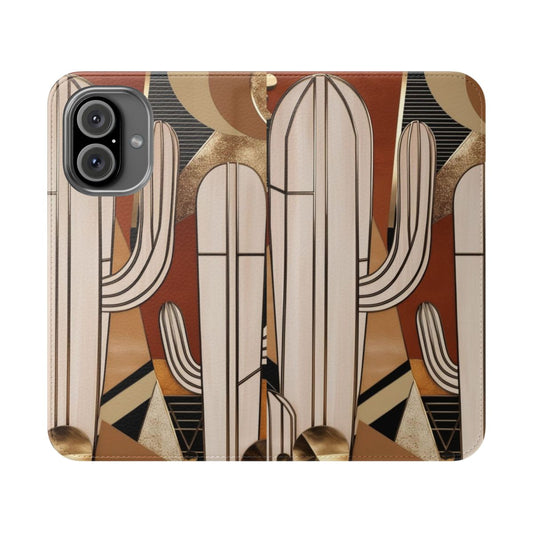 Colorful and abstract cactus and botanical design on a flip cover phone case.