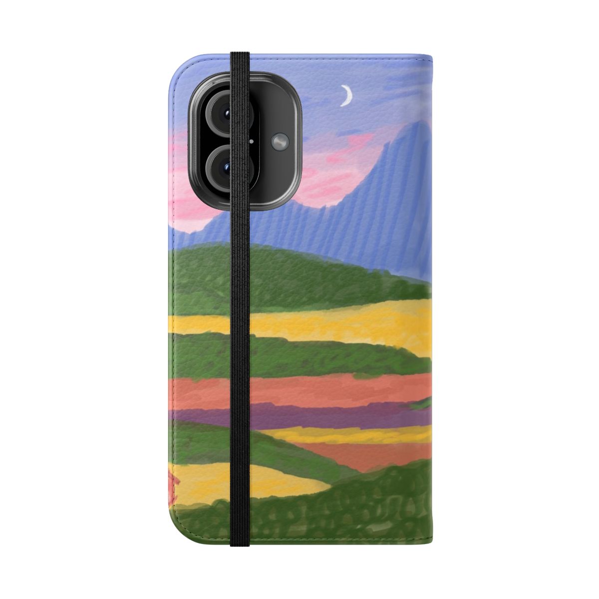 Colorful mountains and tiny house landscape art printed on a phone case - Folded Front