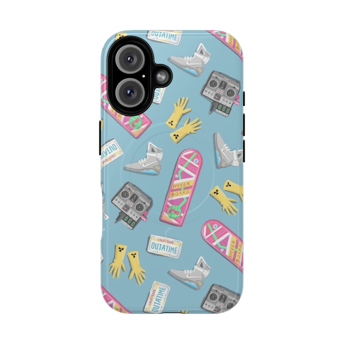 A magnetic phone case with a doodle-style Back to the Future inspired design in pastel colors.